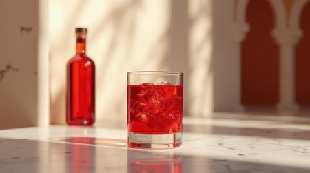 A lowball glass filled with ice and a bright red drink sits on a marble table, accompanied by a bottle in a softly lit space.の素材