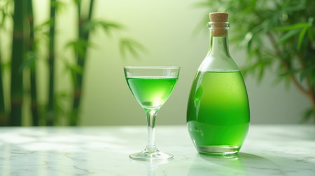 Glass filled with vibrant green liqueur stands beside a matching bottle on a marble table, surrounded by green plants.の素材