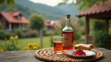 A small glass of rakia and a minimalist bottle are displayed with rustic food against a scenic Balkan village background.の素材