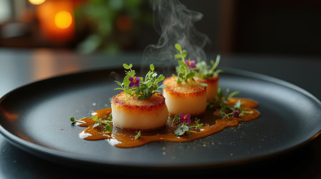 Selectable seared scallops feature a crispy crust, garnished with microgreens and delicate edible flowers, served on a sleek black plate.の素材