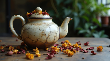 Weathered ceramic teapot sits gracefully on a rustic wooden table, adorned with vibrant tea leaves, creating a tranquil ambiance.の素材