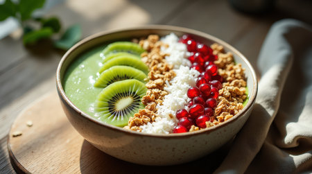 Smoothie bowl features a creamy green base topped with kiwi slices, coconut, granola, and pomegranate for a refreshing breakfast.の素材