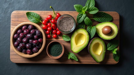 This artistic features display vibrant superfoods including avocados, berries, and spices on a dark textured backdrop.の素材