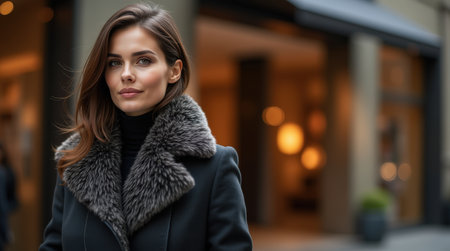 A woman with long hair showcases a winter coat with a fur collar while standing on a city street. Her confident expression reflects urban elegance.の素材
