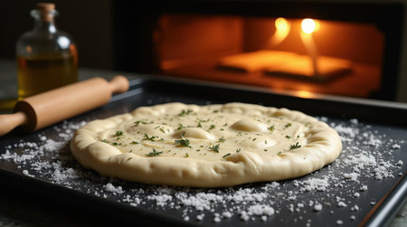 Freshly rolled dough topped with herbs rests on a baking tray, prepared to be placed in the oven. Warm light glows from the oven.の素材