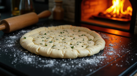 Freshly prepared dough is resting on a countertop, ready to be baked in a warm oven that glows with fire.の素材