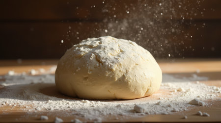 Soft rest doughs on a wooden surface, surrounded by a light dusting of flour. Warm sunlight highlights the texture and warmth of baking.の素材