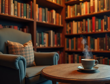 A comfortable chair sits beside a wooden table with a steaming cup of coffee, surrounded by shelves filled with colorful books in warm light.の素材