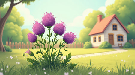 Vibrant burdock flowers flourish in a sunny garden, adding charm to a lovely house surrounded by greenery and blooming flowers.の素材