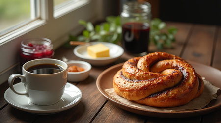 Enjoying a Danish breakfast spread with kanelsnegl, coffee, butter, jam, and a relaxing atmosphere by the window.の素材