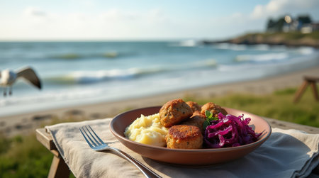 Delicious Denmark frikadeller are beautifully plated with creamy mashed potatoes and vibrant pickled red cabbage, enjoyed next to a scenic beach.の素材