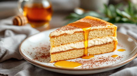 A slice of cake with creamy layers and honey drizzled on top, elegantly presented on a plate with a warm, inviting background.の素材