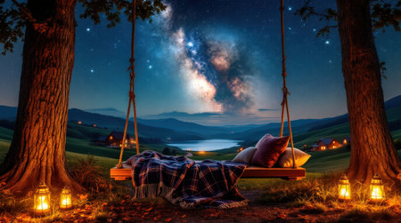 A cozy swing hangs between two trees near a lake, surrounded by lanterns. The night sky is filled with stars and the Milky Way.の素材