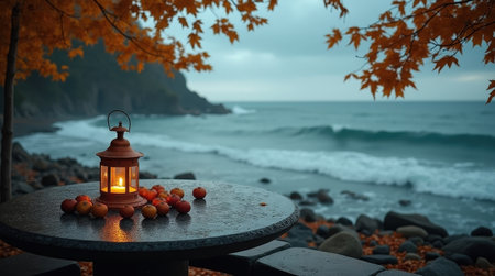A lantern glows on a stone table, surrounded by fruits, as waves crash on a rocky shore under gray skies.の素材