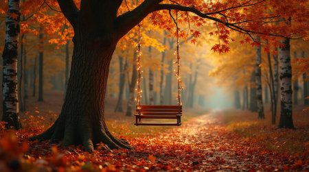 A wooden swing hangs from a grand tree surrounded by vibrant autumn leaves on a peaceful forest path.の素材
