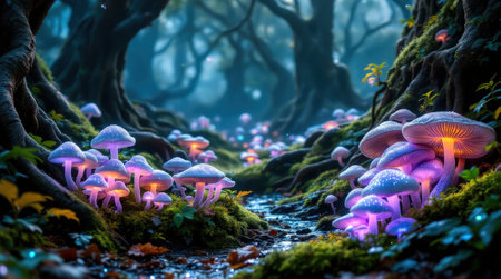 A magical forest features glowing mushrooms along a serene stream, creating an enchanting atmosphere during dusk.の素材