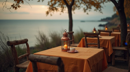 Tables adorned with orange cloths are set for dining beside a tranquil sea at dusk, illuminated by lanterns.の素材