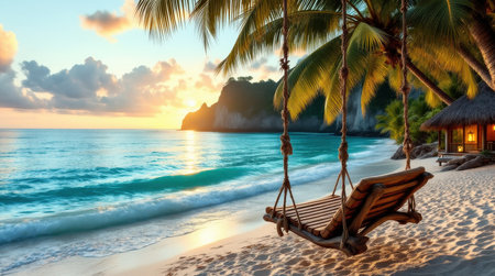 A beautiful beach at sunset features a wooden swing and swaying palm trees, creating a peaceful atmosphere for relaxation and enjoyment.の素材
