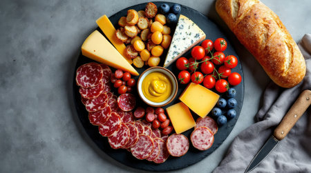 A stunning charcuterie board features cured meats, cheeses, fruits, and condiments, making a perfect appetizer spread.の素材
