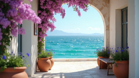 Bright bougainvillea flowers adorn an archway, revealing a beautiful ocean scene with gentle waves and clear skies.の素材