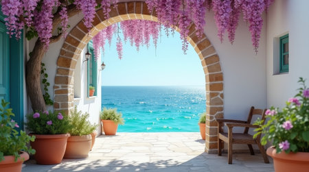 A charming archway adorned with purple flowers offers a stunning view of the tranquil sea. Potted plants and a wooden chair complete the scene.の素材