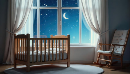 A wooden crib stands in a softly lit nursery, with a dreamy night sky visible through the window, featuring a crescent moon.の素材