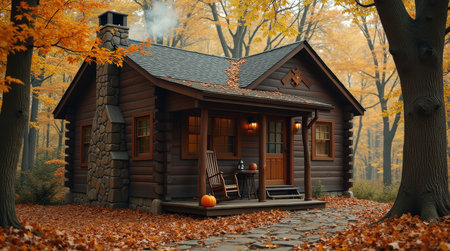 A log cabin surrounded by golden and orange leaves creates a serene autumn atmosphere. Smoke rises softly from the chimney.の素材