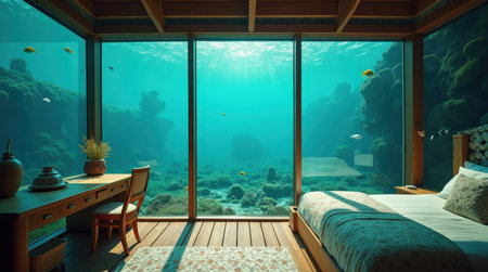 A cozy bedroom features large windows offering a breathtaking underwater view of colorful fish and coral formations.の素材