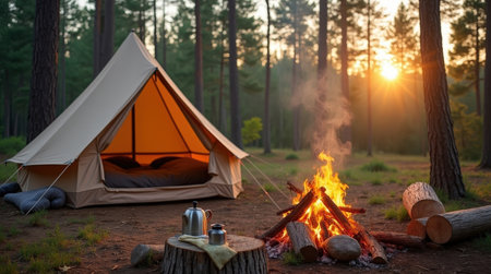 A beautiful camping setup features a tent near a crackling fire surrounded by tall trees as the sun sets, creating a serene atmosphere.の素材