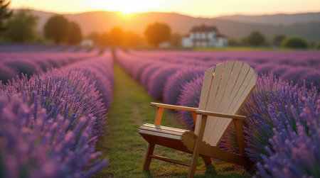 A wooden chair sits invitingly among the rows of blooming lavender as the sun sets, casting a warm glow over the tranquil field.の素材