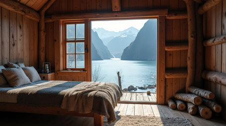 The warm wooden cabin features a plush bed and an incredible view of a serene mountain lake at dawn, creating a peaceful atmosphere.の素材