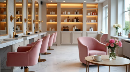 The stylish salon features pink chairs and marble countertops, creating a warm and inviting atmosphere for customers.の素材