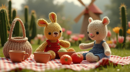 Two adorable knitted animal toys sit on a checkered blanket. They enjoy a picnic surrounded by vibrant flowers, a basket, and a windmill nearby.の素材