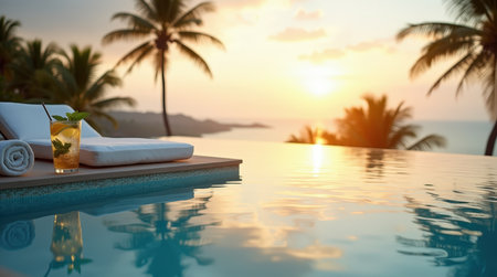 Enjoying a serene moment by an infinity pool, sipping a cocktail while watching the sunset over the ocean.の素材