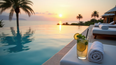 Enjoying a scenic sunset by the infinity pool, a chilled cocktail with mint and lime rests beside a rolled towel.の素材