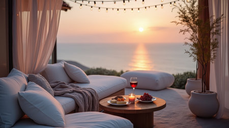 A cozy outdoor setting features a wine glass, snacks, and soft seating with an ocean view at sunset, creating a tranquil atmosphere.の素材