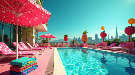 Brightly colored umbrellas and loungers surround a sparkling pool, with lively decor and a stunning city skyline in the background.の素材