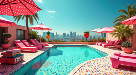 Colorful loungers and umbrellas surround a sparkling pool, offering a perfect retreat with a city skyline view under a clear blue sky.の素材