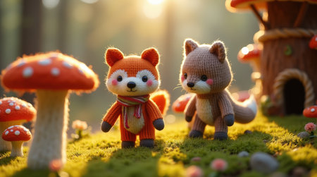 Two charming plush animal figures stand amidst colorful mushrooms in a sunlit forest, enjoying a playful moment together.の素材