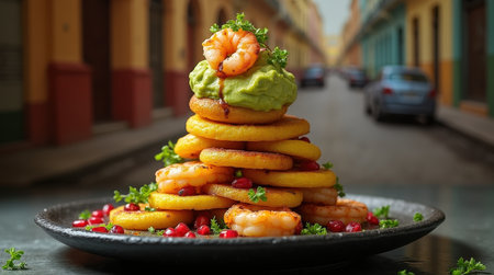 Crispy tostones stacked high with shrimp and guacamole, showcasing a local Cuban street backdrop in vibrant colors.の素材