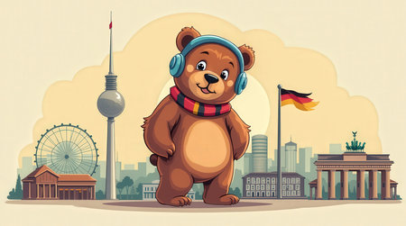 A charming bear character stands in Berlin, wearing headphones and a colorful scarf, with famous city sights in the background.の素材