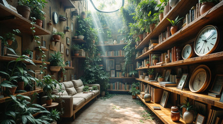A tranquil reading corner boasts shelves coated with books and plants, inviting relaxation amidst natural light.の素材