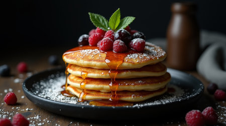 Fluffy pancakes stacked high are drizzled with syrup and adorned with raspberries and blueberries. Ideal breakfast delight.の素材