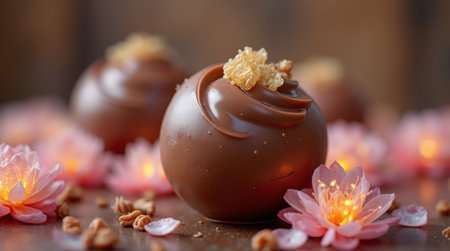 Smooth chocolate truffles topped with crisp textures and surrounded by blooming flowers create an elegant display.の素材
