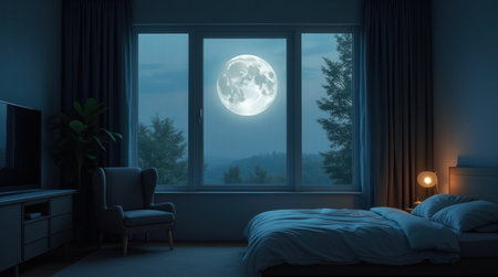 A cozy bedroom showcases a large window revealing a breathtaking full moon over a tranquil landscape, creating a serene nighttime ambiance.の素材