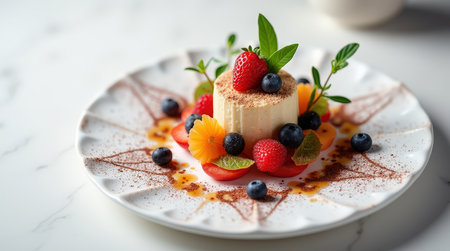 A beautifully arranged dessert features panna cotta topped with various fresh berries, mint leaves, and colorful fruit garnishes for a vibrant look.の素材
