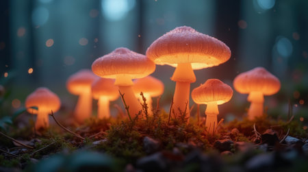 Softly glowing mushrooms emerge from a mossy forest floor, casting warm light in a tranquil woodland at dusk.の素材