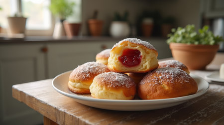 Delicious Polish paczki arranged on a plate, showcasing a fruit-filled center with powdered sugar on top.の素材