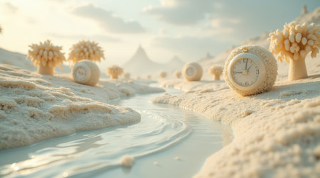 A dreamlike landscape features white chocolate trees and soft rolling hills with timepieces scattered along a tranquil river.の素材