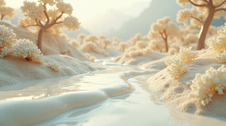 A dreamlike features environment rolling sandy hills made of white chocolate with a gentle river weaving through whimsical trees.の素材